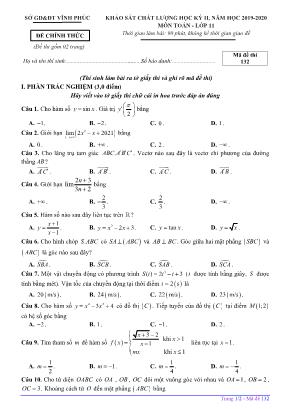 Đề khảo sát chất lượng học kỳ II môn Toán Lớp 11 - Mã đề 132 - Năm học 2019-2020 - Sở giáo dục và đào tạo Vĩnh Phúc